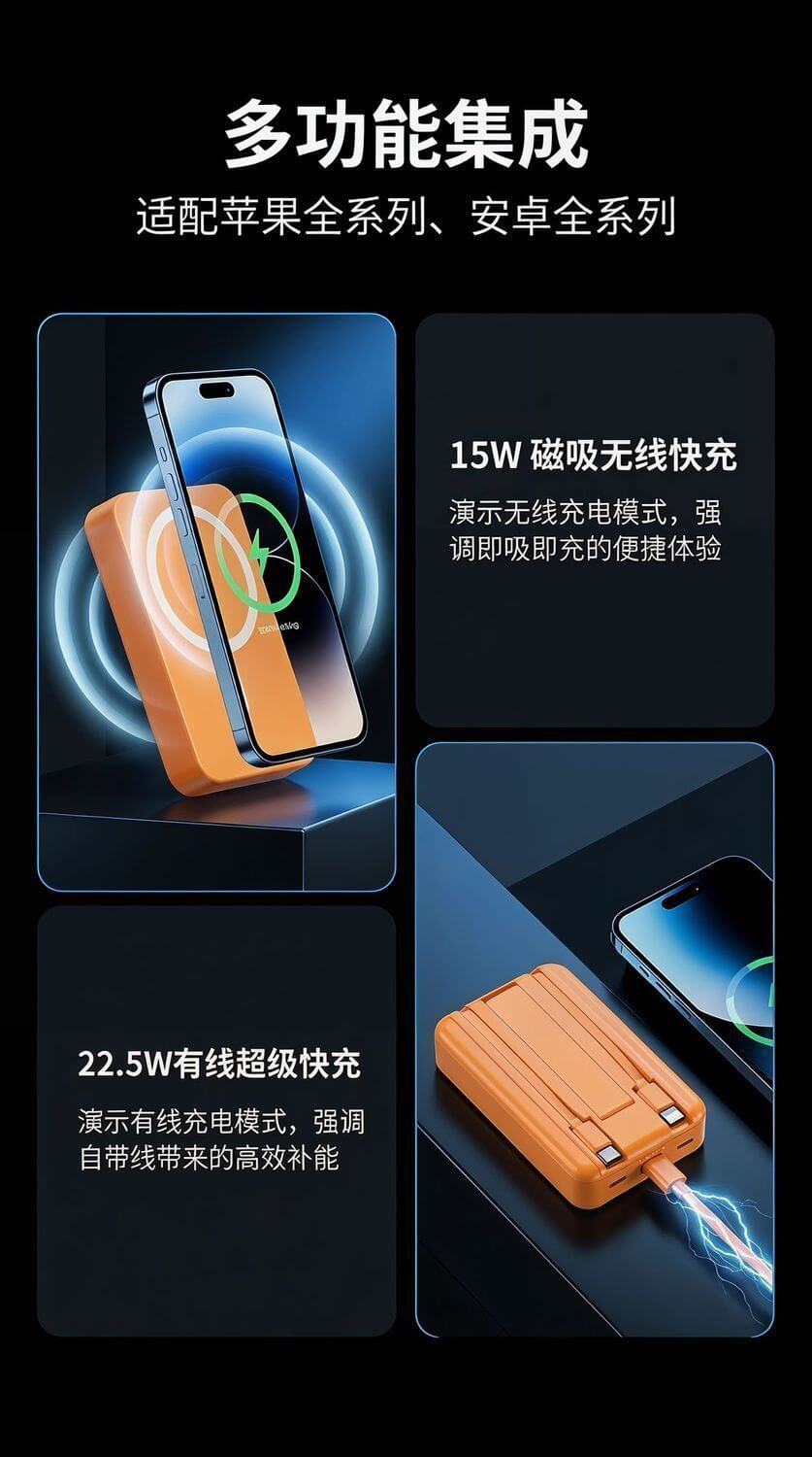 [3C Certified Airline-Approved] 20,000mAh High-Capacity Magnetic Power Bank with Built-in Cable & Fast Charging (Doubles as Car Charger) cartacs.com