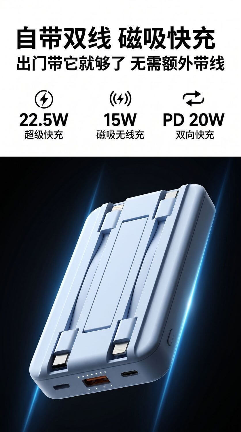 [3C Certified Airline-Approved] 20,000mAh High-Capacity Magnetic Power Bank with Built-in Cable & Fast Charging (Doubles as Car Charger) cartacs.com