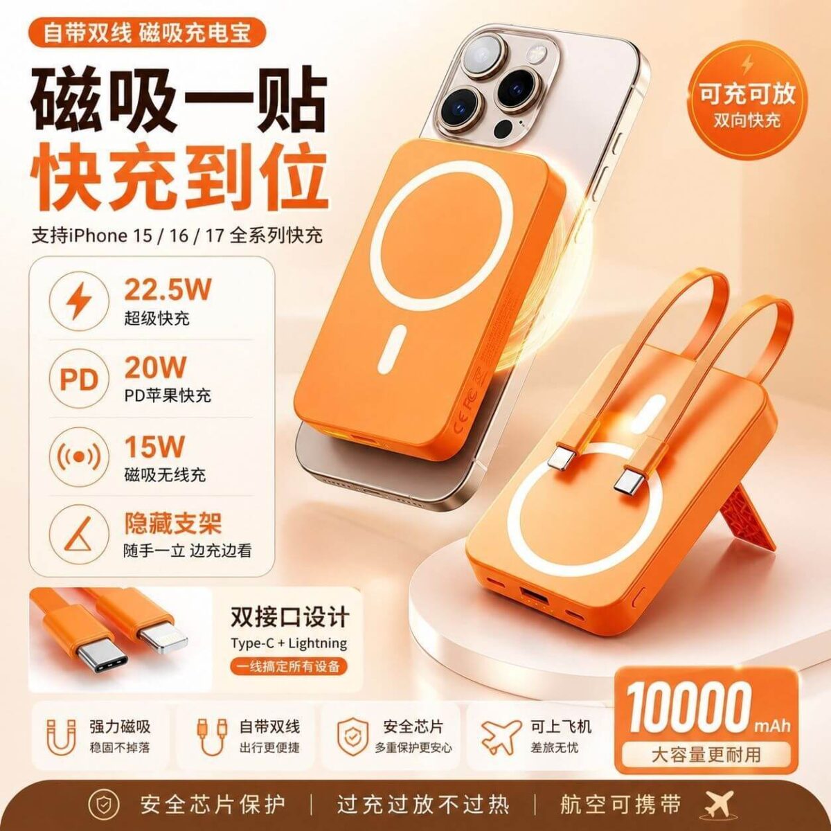 [3C Certified / Airline-Approved] 20,000mAh High-Capacity Magnetic Power Bank with Built-in Cable & Fast Charging (Doubles as Car Charger) cartacs.com