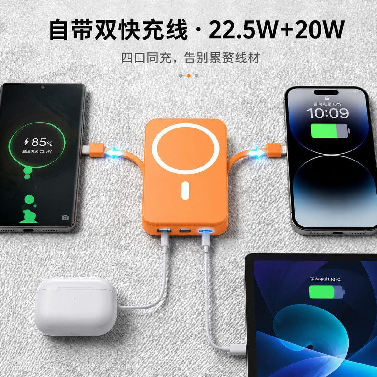 [3C Certified Airline-Approved] 20,000mAh High-Capacity Magnetic Power Bank with Built-in Cable & Fast Charging (Doubles as Car Charger) cartacs.com